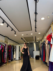 Elegant Black Drapeli Straplez Abiye