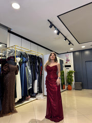 Burgundy Charm Drapeli Kalp Yaka Abiye