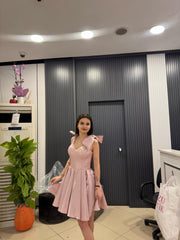 Pudra Fiyonk Detaylı Saten Mini Abiye