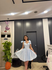 Pudra Fiyonk Detaylı Saten Mini Abiye