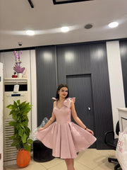 Pudra Fiyonk Detaylı Saten Mini Abiye